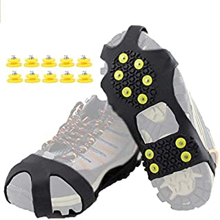 HoFire Ice Cleats, Ice Grips Traction Cleats Grippers Non-Slip Over Shoe/Boot Rubber Spikes Crampons Anti Easy Slip 10 Steel Studs Crampons Slip-on Stretch Footwear (10-Studs-Black, S)