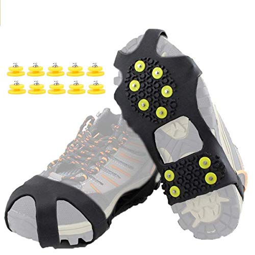 HoFire Ice Cleats, Ice Grips Traction Cleats Grippers Non-Slip Over Shoe/Boot Rubber Spikes Crampons Anti Easy Slip 10 Steel Studs Crampons Slip-on Stretch Footwear (10-Studs-Black, S)