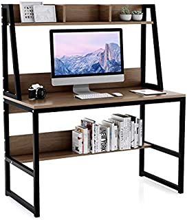 Computer Desk with Hutch and Bookshelf - 47.2 inch Writing Study Desk for Home Office Sturdy Study Desk for Small Spaces Modern Wood Desk with Steel Frame Walnut