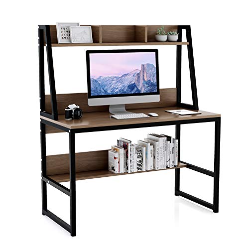 Computer Desk with Hutch and Bookshelf - 47.2 inch Writing Study Desk for Home Office Sturdy Study Desk for Small Spaces Modern Wood Desk with Steel Frame Walnut