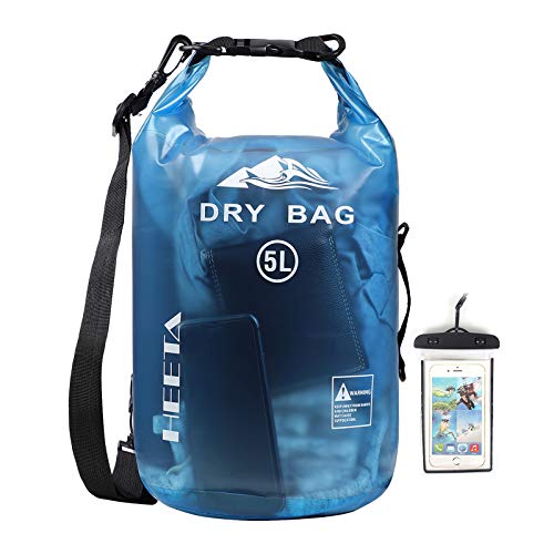 HEETA Waterproof Dry Bag for Women Men, Roll Top Lightweight Dry Storage Bag Backpack with Phone Case for Travel, Swimming, Boating, Kayaking, Camping and Beach, Transparent Blue 5L