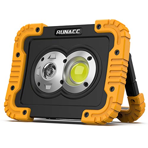 RUNACC Rechargeable LED Work Light with Spotlight and Floodlight, Anti-broken Waterproof Portable Work Light with Stand and Power Bank for Job Site Lighting, Outdoor Camping Hiking