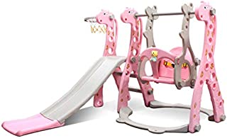 Kids Swing and Slide Set w/ Basketball Hoop & Music Player Kids Fun Slide Set for Indoor and Outdoors Playground Play Set (Shark, Blue) (Musci Giraffe Pink)