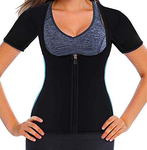 Mlxgoie Women Neoprene Sauna Sweat Waist Trainer Vest for Weight Loss Gym Workout Body Shaper Tank Top Shirt with Zipper (Blue, Large)