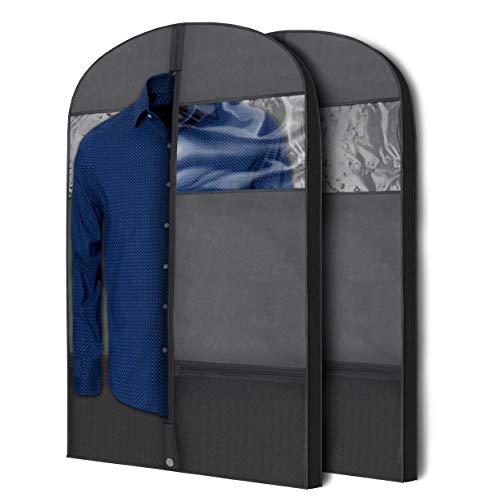 Plixio Gusseted Garment Bags Suit Bag for Travel and Clothing Storage of Dresses, Dress Shirts, Coats Includes Zipper Pockets and Large Transparent Window (2 Pack: 43