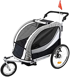 Clevr Deluxe 3-in-1 Double 2 Seat Bicycle Bike Trailer Jogger Stroller for Kids Children | Foldable w/Pivot Front Wheel, Grey