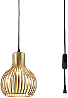 Riomasee Industrial Wire Cage Plug in Pendant Lighting Metal Hanging Light Fixture with 14.27 Ft Hanging Cord and On/Off Switch (Gold)