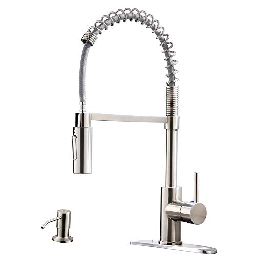 APPASO Commercial Kitchen Faucet Pull Down Sprayer with Soap Dispenser - Stainless Steel Brushed Nickel High Arc Tall Modern Single Handle Spring Kitchen Sink Faucet with Pull Out Spray