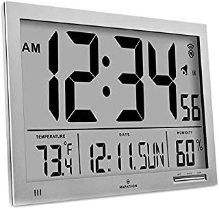 Marathon Slim Atomic Wall Clock with Jumbo Display, Calendar, Indoor Temperature & Humidity. Color-Graphite Grey. SKU-CL030062GG