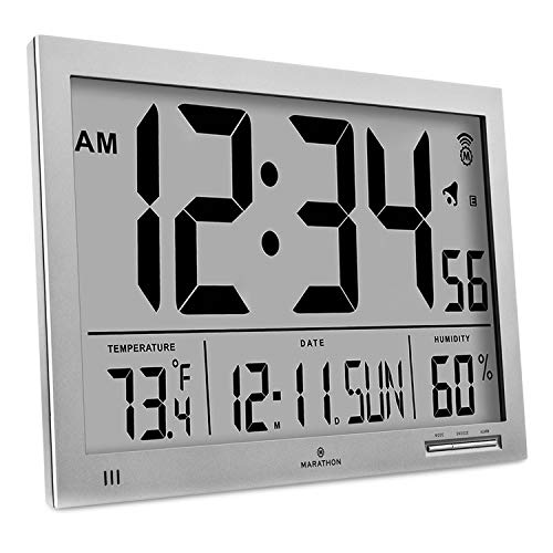 Marathon Slim Atomic Wall Clock with Jumbo Display, Calendar, Indoor Temperature & Humidity. Color-Graphite Grey. SKU-CL030062GG