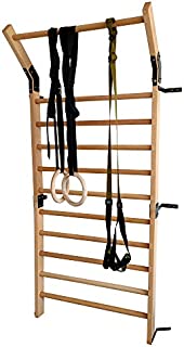 FC FUNCHEER Solid Beech Wood Stall Bar,Swedish Ladder bar with Gymnastic Rings and Suspension Training,Total Size 86.6 inches in Height and 35.5 inches Width,Gymnastic Wall bar Pull Up bar