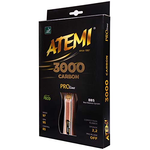 Atemi Pro Carbon 3000 Table Tennis Bat | Superior Control & Power |New 2020 ITTF Approved Rubber Recipe |Made from Natural, Non-Dyed Exotic Woods |All Levels |Updated Handles, Colours and Packaging