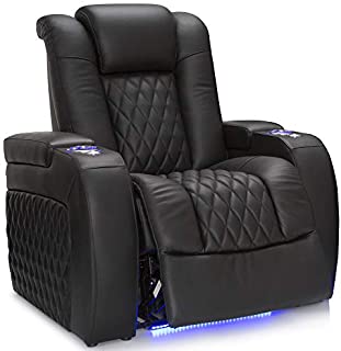 Seatcraft Diamante - Home Theater Seating - Power Recliner - Leather - Adjustable Powered Headrests - Cup Holders - USB Charging - SoundShaker - Ambient Lighting - Wall Hugger - Black