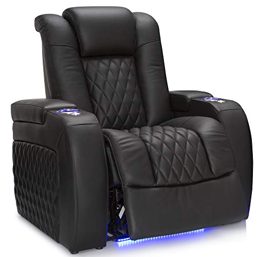 Seatcraft Diamante - Home Theater Seating - Power Recliner - Leather - Adjustable Powered Headrests - Cup Holders - USB Charging - SoundShaker - Ambient Lighting - Wall Hugger - Black