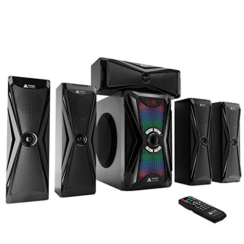 Frisby Audio 125 Watt Home Theater 5.1 Surround Sound Speaker System with Subwoofer, Bluetooth Wireless Streaming from Devices & Media Reader, RGB LED Pulse Lighting, Digital Optical Input  Black