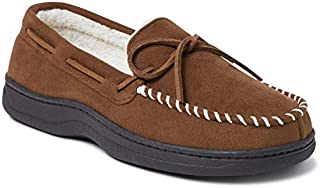 EZ Feet Men's Microsuede Moccasin Memory Foam Slipper with Cozy Faux Shearling Lining (13-14, Chestnut)