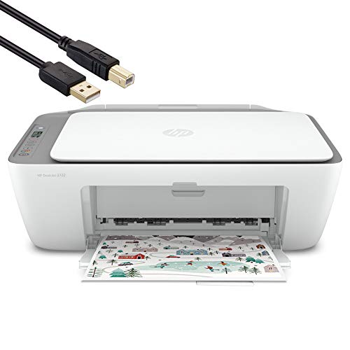 HP DeskJet Color Inkjet All-in-One Printer, White - Print, Scan and Copy for Home or Office - Dual-Band Wi-Fi, Bluetooth - BROAGE 4 Feet USB Printer Cable