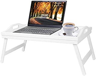 Breakfast Tray Table with Folding Legs Serving Tray Bamboo Dinner Trays for Platter Laptop Desk Bed Table Kitchen Serving Tray Snack Trays(White)