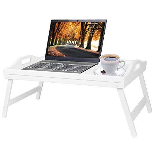 Breakfast Tray Table with Folding Legs Serving Tray Bamboo Dinner Trays for Platter Laptop Desk Bed Table Kitchen Serving Tray Snack Trays(White)