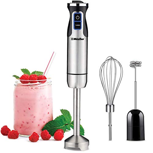 Mueller Austria Ultra-Stick 500 Watt 9-Speed Immersion Multi-Purpose Hand Blender Heavy Duty Copper Motor Brushed 304 Stainless Steel With Whisk, Milk Frother Attachments