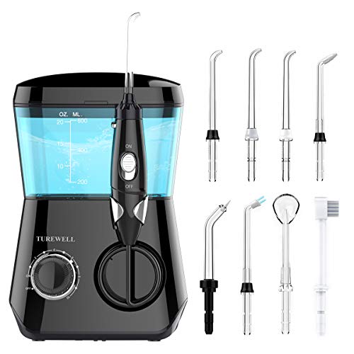 TUREWELL Water Flossing Oral Irrigator, 600ML Dental Water Teeth Cleaner 10 Adjustable Pressure, Electric Dental Pick Flosser for Teeth/Braces, 8 Water Jet Tips for Family (Black)