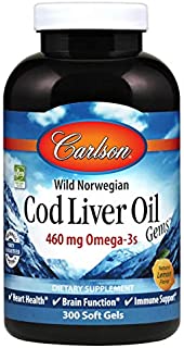 Carlson - Cod Liver Oil, 460 mg Omega-3s + Vitamins A & D3, Wild-Caught Norwegian Arctic Cod-Liver Oil, Sustainably Sourced Nordic Fish Oil Capsules, Lemon, 300 Softgels