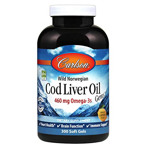 Carlson - Cod Liver Oil, 460 mg Omega-3s + Vitamins A & D3, Wild-Caught Norwegian Arctic Cod-Liver Oil, Sustainably Sourced Nordic Fish Oil Capsules, Lemon, 300 Softgels