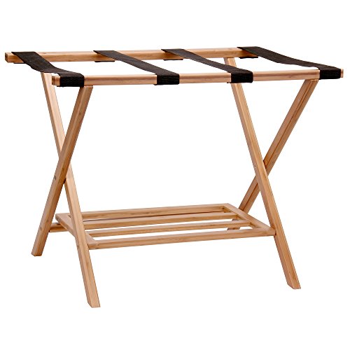 Household Essentials Fully Assembled Folding Luggage Rack with Lower Storage Shelf | Bamboo Frame with Black Straps, Brown