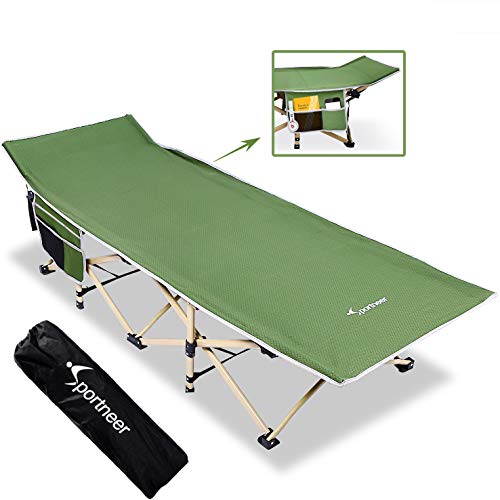 Sportneer Camping Cot, Max Load 450 LBS, 2 Side Large Pockets Portable Folding Camp Cots Wide Sleeping Cot Bed with Carry Bag, for Adults, Teen, Camping, Beach, BBQ, Hiking, Backpacking, Office Nap