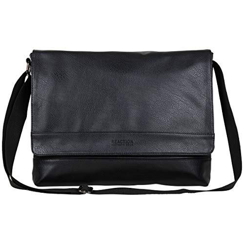 Kenneth Cole REACTION Grand Central Vegan Leather Laptop & Tablet Crossbody Travel Messenger Bag, Black, 15