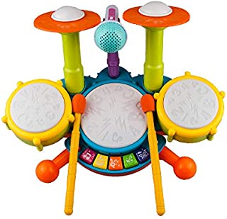 Rabing Kids Drum Set, Electric Musical Instruments Toys with 2 Drum Sticks, Beats Flash Light and Adjustable Microphone, Birthday Gift for 1-12 Years Old Boys and Girls