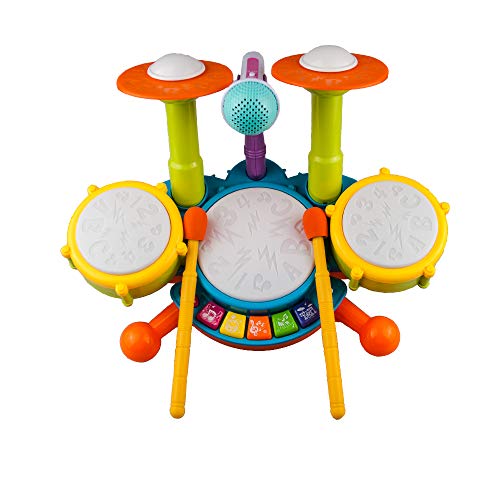 Rabing Kids Drum Set, Electric Musical Instruments Toys with 2 Drum Sticks, Beats Flash Light and Adjustable Microphone, Birthday Gift for 1-12 Years Old Boys and Girls