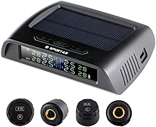 Spurtar Tire Pressure Monitoring System, TPMS, Solar Charge Wireless 4 External DIY TPMS Sensor, Real-Time Solar Tire Pressure Monitoring and Temperature Gauge with 6 Alarm Modes for Universal Cars