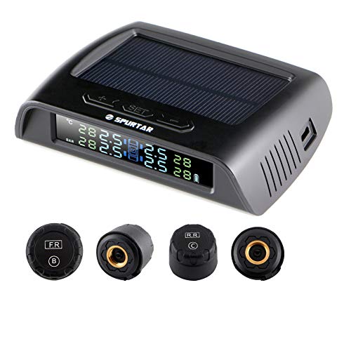 Spurtar Tire Pressure Monitoring System, TPMS, Solar Charge Wireless 4 External DIY TPMS Sensor, Real-Time Solar Tire Pressure Monitoring and Temperature Gauge with 6 Alarm Modes for Universal Cars