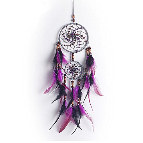 Purple Dream Catcher with Wood Bead Handmade Indian Dream Cather Net with Feathers Wall Hanging Decoration Ornament for Wall Hanging Home Decor -21.5inch (Purple)