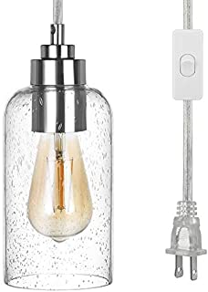 DEWENWILS Hanging Pendant Light Indoor Plug in, Seeded Glass Shade, Brushed Nickel Finish, 15FT Cord with On/Off Switch for Kitchen Island, Living Room, Bedroom, Dining Hall, E26 Base Socket