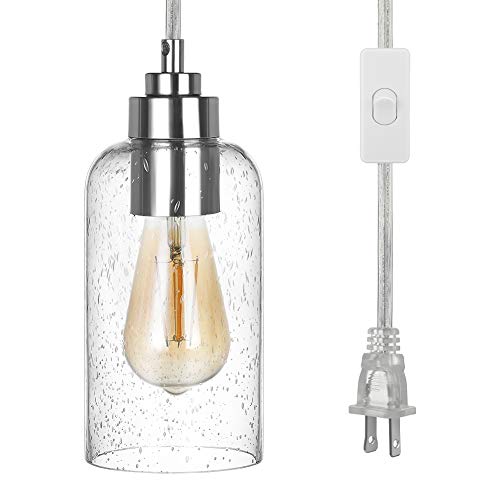 DEWENWILS Hanging Pendant Light Indoor Plug in, Seeded Glass Shade, Brushed Nickel Finish, 15FT Cord with On/Off Switch for Kitchen Island, Living Room, Bedroom, Dining Hall, E26 Base Socket