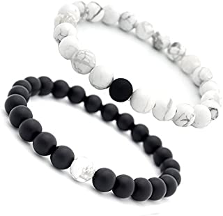 EnjoIt Distance Bracelet Black Matte Agate & White Howlite Energy Stone Beads Bracelet Set Couple Bracelet