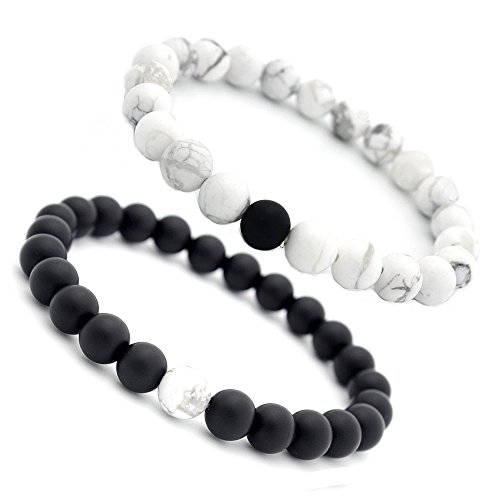 EnjoIt Distance Bracelet Black Matte Agate & White Howlite Energy Stone Beads Bracelet Set Couple Bracelet