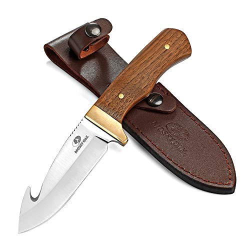 Mossy Oak Fixed Blade Gut Hook Knife, 9.5-inch Full Tang Field Processing Knife - Wooden Handle, Leather Sheath Included, for Skinning, Hunting, Outdoors