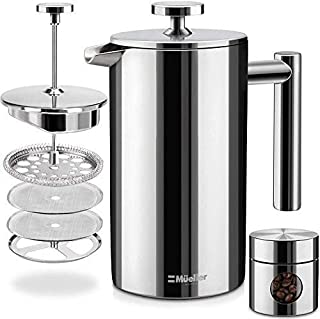 Mueller French Press Double Insulated 310 Stainless Steel Coffee Maker 4 Level Filtration System, No Coffee Grounds, Rust-Free, Dishwasher Safe