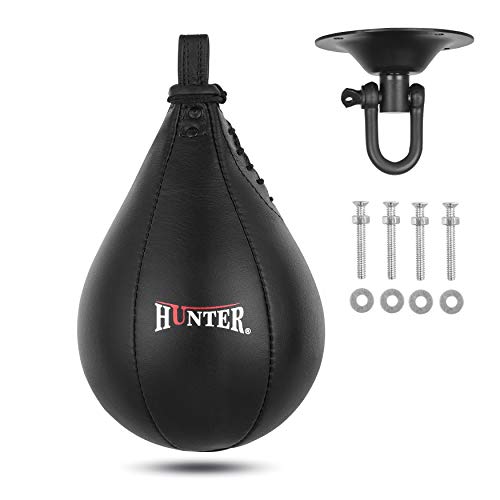 HUNTER Speed Ball Boxing Cow Hide Leather MMA Speed Bag Muay Thai Training Speed Bag Punching Dodge Striking Bag Kit with Hanging Swivel for Workout