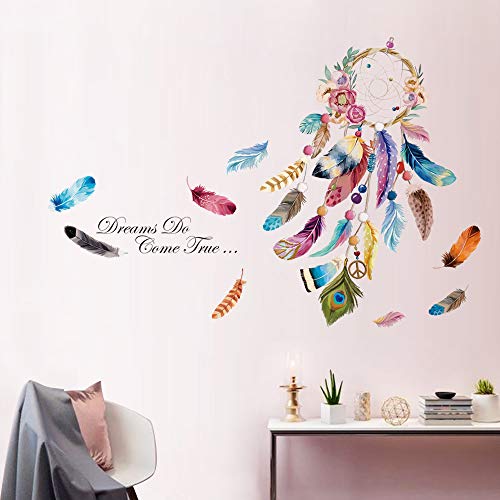 decalmile Dream Catcher Feathers Wall Decals Quotes Dreams Come True Wall Stickers Bedroom Living Room Wall Decor (Finished Size: 54