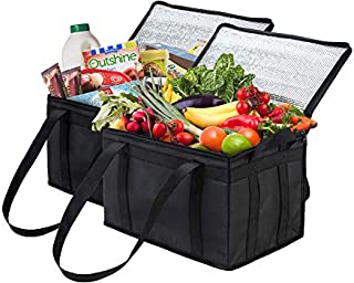 NZ Home Insulated Grocery Bag Large Heavy Duty, Strengthened Side Handles, Collapsible, Washable, Stands Upright, EZ Pack, Dual Sliders Zipper, Completely Reinforced Bottom & Handles (2 Pack, Black)