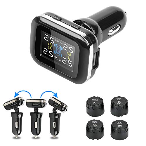 Jansite Tire Pressure Monitoring System, TPMS Tire Pressure Monitor System Wireless External IP68 Waterproof Sensor 7-87 PSI Cigarette Lighter Power with USB Charging Port