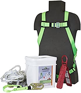 Peakworks Fall Protection Roofer's Kit, Safety Gear for Roofing with Universal Fit Harness, Rope Grab, 50' Vertical Lifeline, Reusable Roof Bracket, White/Green, OSHA and ANSI Compliant, V8257275