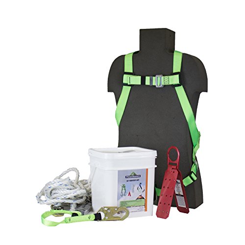 Peakworks Fall Protection Roofer's Kit, Safety Gear for Roofing with Universal Fit Harness, Rope Grab, 50' Vertical Lifeline, Reusable Roof Bracket, White/Green, OSHA and ANSI Compliant, V8257275