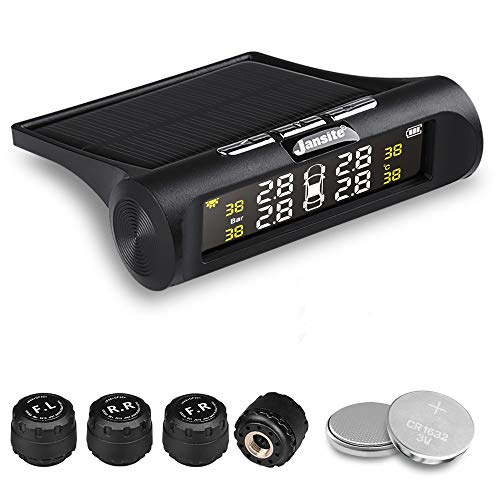 Jansite TPMS Solar Tire Pressure Monitoring System, Universal Wireless LCD Display 4pcs Waterproof External Sensors Real-time Detection Tire Pressure Temperature Auto Security Alarm Systems 0-62 PSI