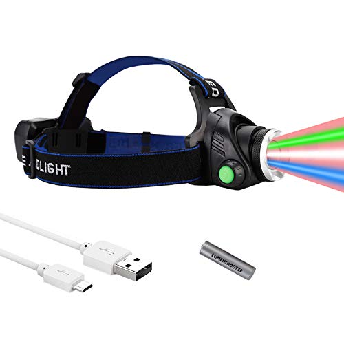 LUMENSHOOTER H15 Zoomable LED Headlamp USB Rechargeable, Red Green White Blue Color Changing Head Light Flashlight, Multi-color Hunting Headlight for Night Vision Hunting, Fishing, Camping, Reading