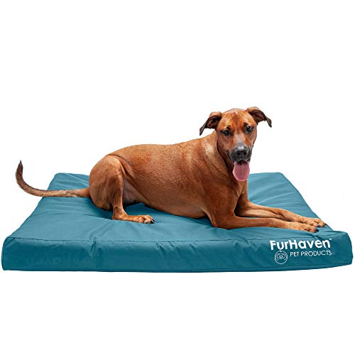 Furhaven Pet Dog Bed - Deluxe Orthopedic Mat Water-Resistant Indoor-Outdoor Logo Print Traditional Foam Mattress Pet Bed with Removable Cover for Dogs and Cats, Deep Lagoon, Jumbo